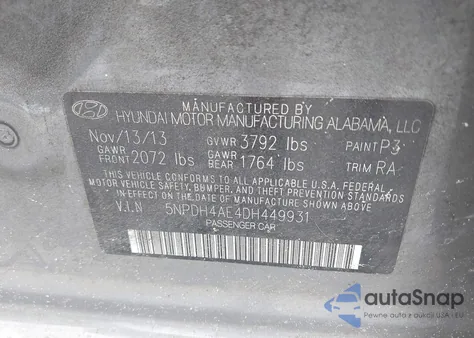 2013 Hyundai Elantra Limited from USA, damaged, VIN 5NPDH4AE4DH449931